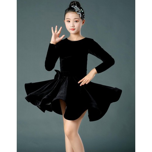 Girls kids wine royal blue black velvet long sleeves latin dance dresses modern dance ballroom salsa rumba chacha dance dress for children